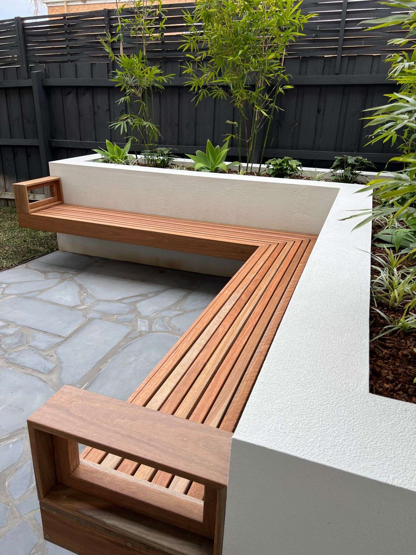 Timber bench and crazy paving